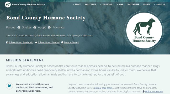Bond County Humane Society 2019 homepage screenshot