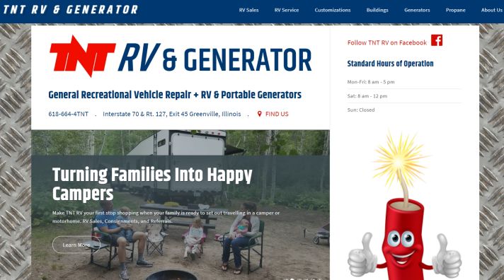 TNT RV and Generator Services 2020 homepage screenshot
