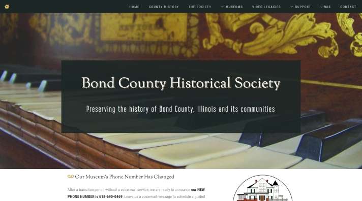 Bond County Historical Society 2023 website homepage screenshot