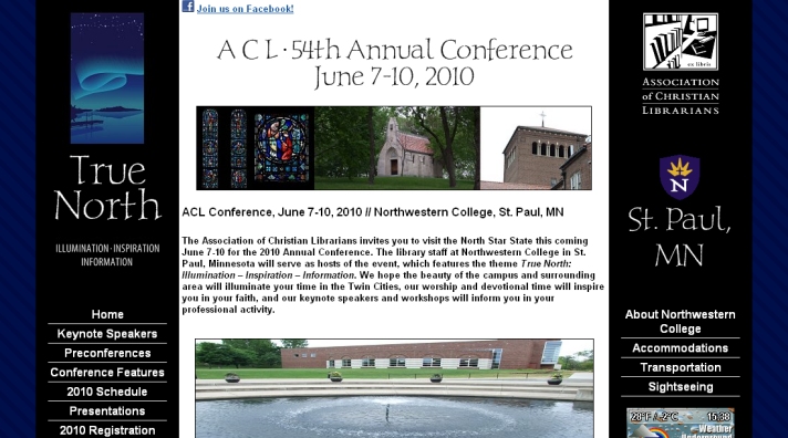 Association of Christian Librarians 2010 Conference homepage screenshot